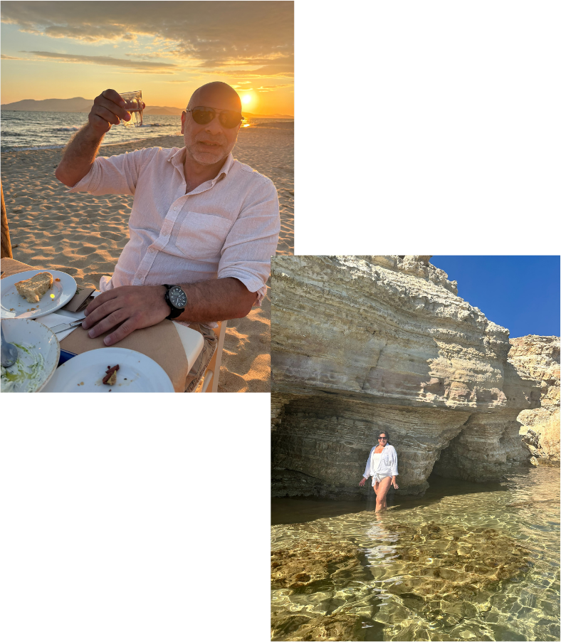 Makis on the beach at sunset and Rose by the clear Greek sea