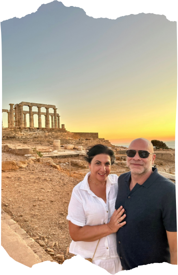Makis and Rose at the Temple of Poseidon at sunset