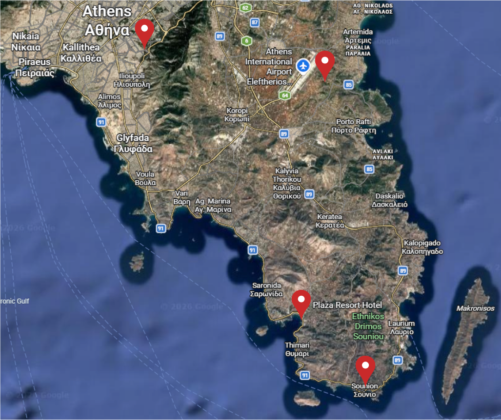 Map showing Athens, Athens International Airport, Plaza Resort Hotel and Cape Sounion